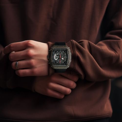 TIME100 Watch for Men Chronograph Calendar Square Face Luminous Punk Style Multifunctional Sub-dial Men's Skeleton Tonneau Watch Adjustable Silicone Strap, Black, W70181G.01A - Image 2