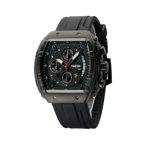 TIME100 Watch for Men Chronograph Calendar Square Face Luminous Punk Style Multifunctional Sub-dial Men's Skeleton Tonneau Watch Adjustable Silicone Strap, Black, W70181G.01A - Image 5