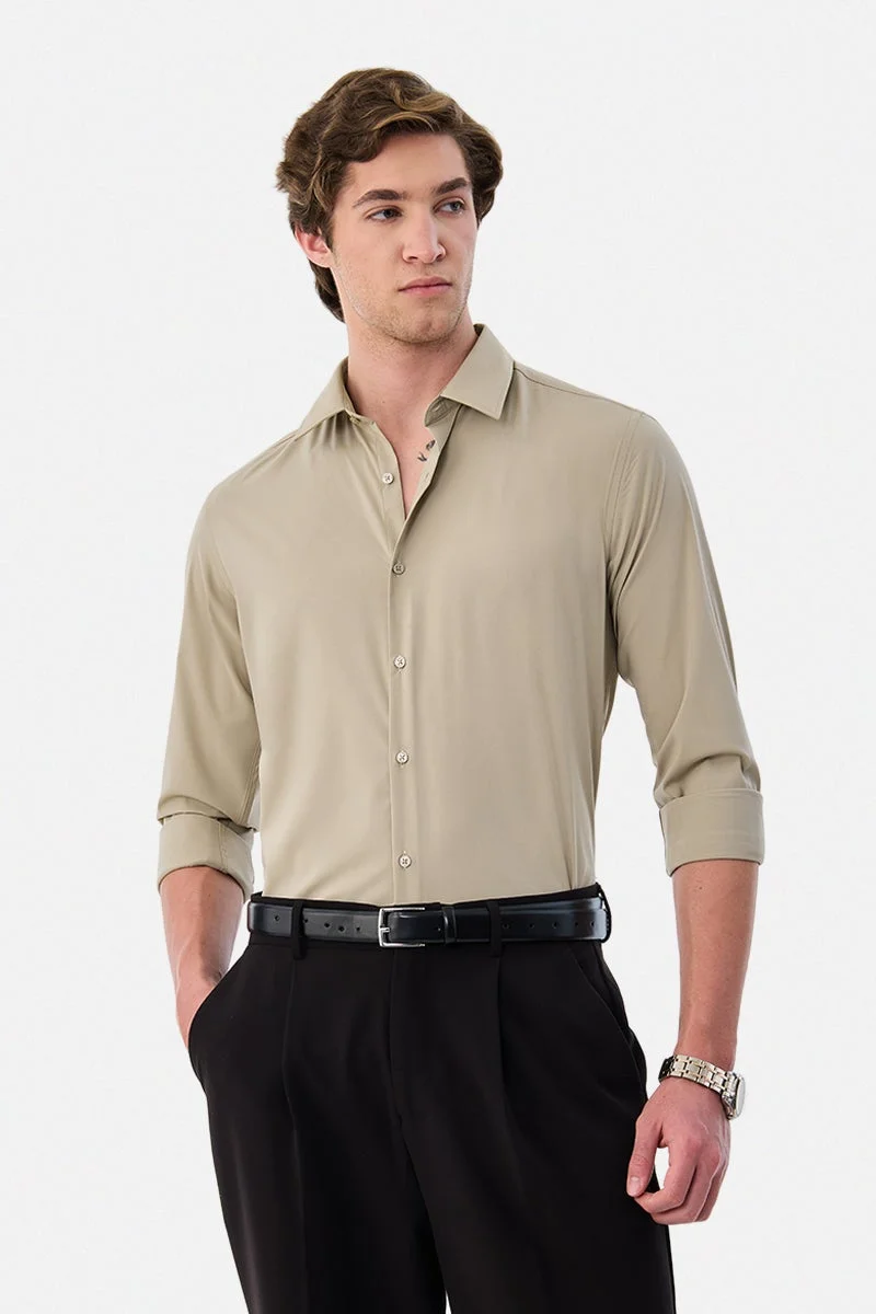 SNITCH Beige Solid Long Sleeve Slim Fit Luxe Shirt