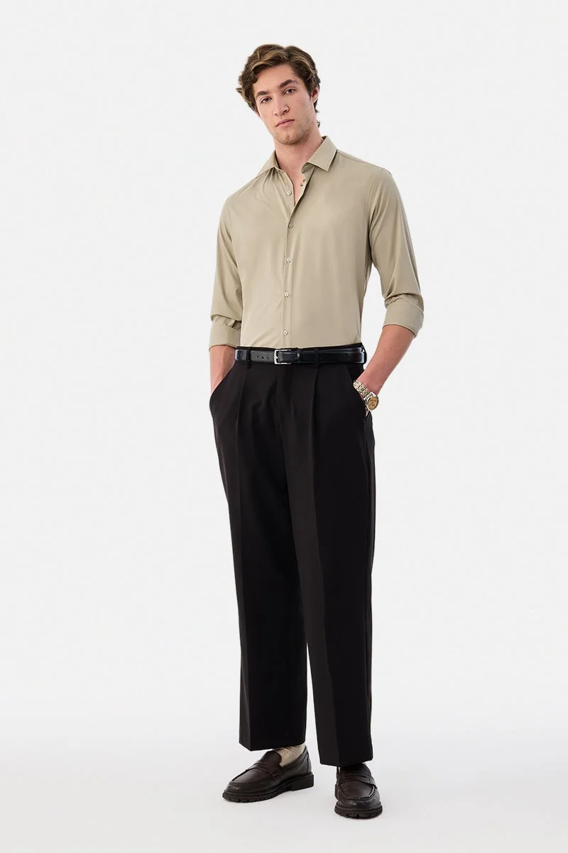 SNITCH Beige Solid Long Sleeve Slim Fit Luxe Shirt