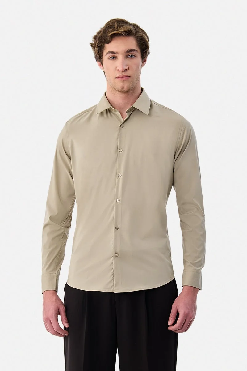 سنيتش Beige Solid Long Sleeve Slim Fit Luxe Shirt