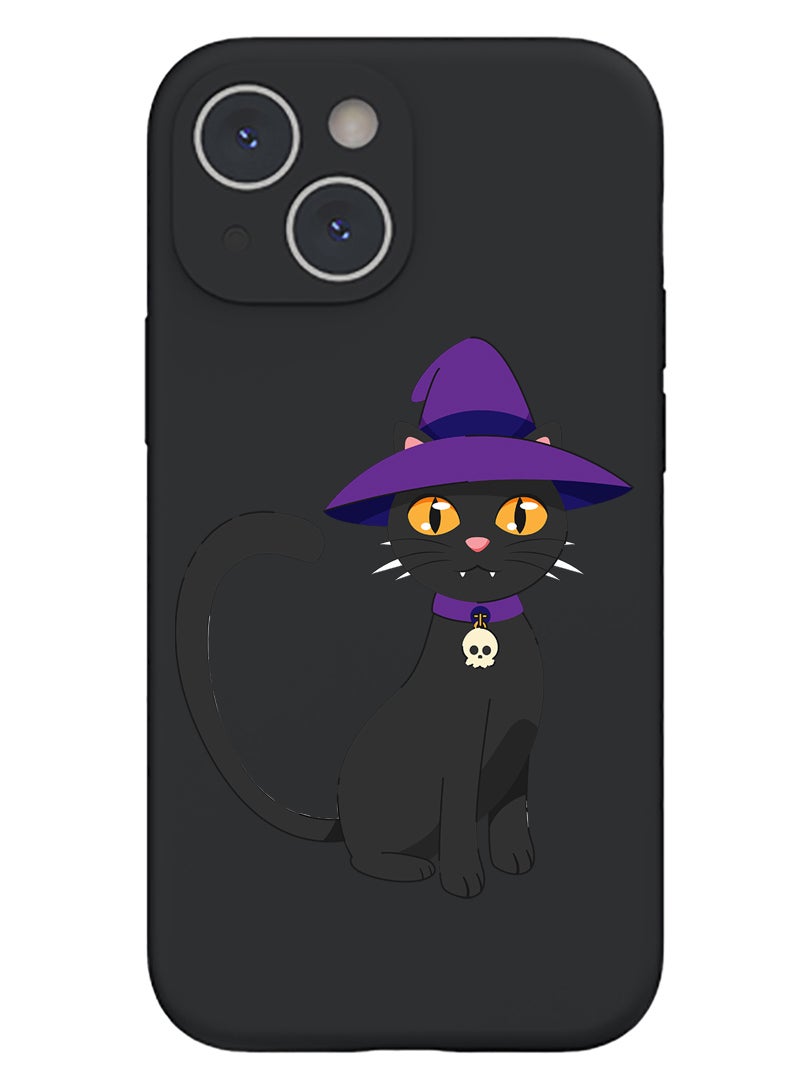 Theodor Protective Slim Fit Case Liquid Silicone Cover with Full Body Protection Anti-Scratch Shockproof Case For iPhone 15 Plus Black - Cat wearing hat halloween - Image 1
