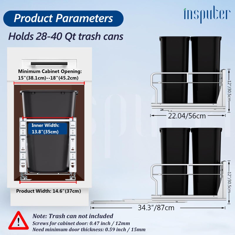 Insputer Dual Pull Out Trash Can Under Cabinet with Soft-Close Slides, Heavy Duty Under Sink Trash Can Kit for Kitchen Sink, Laundry, Garbage Can Not Included, Requires 17" W X 24" D Cabinets - Image 2