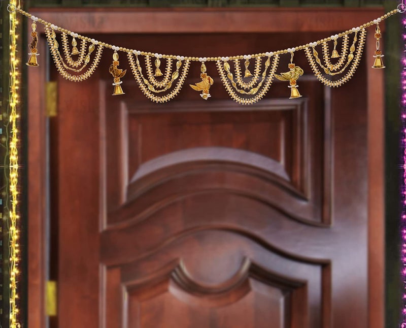 Evisha Golden Beads Wirh Parrot Door Hanging Toran Bandhanwar for Diwali Decoration Home Decor3 Ft - Image 1