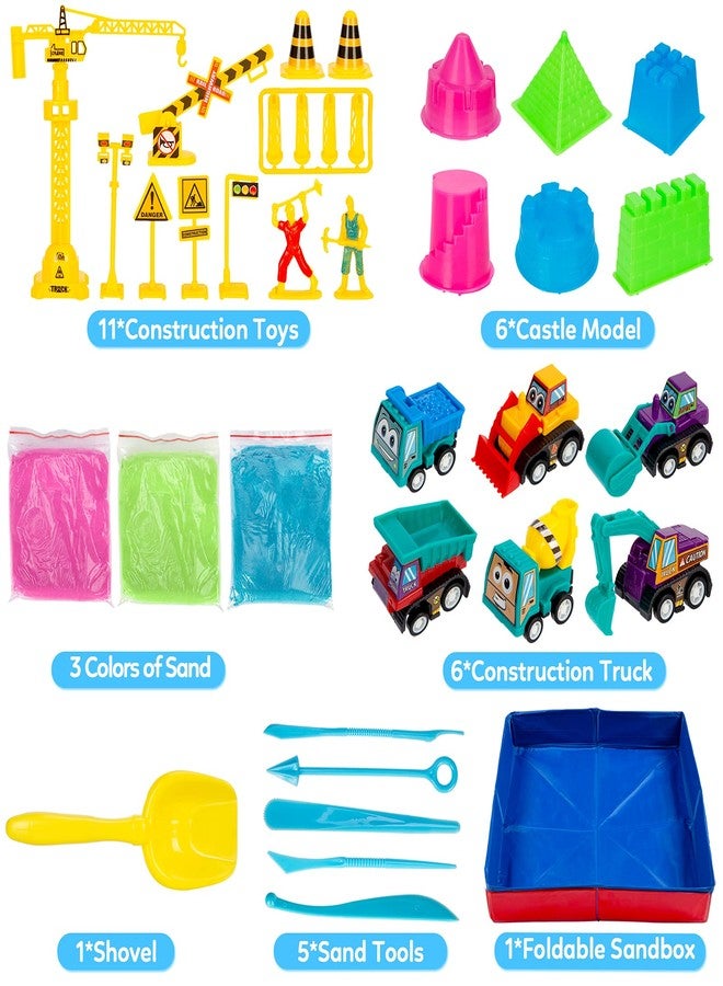 ThinkMax Sand Kit for Kids - 3lbs Sand, 6 Mini Construction Trucks, Toys, Signs, Castle Molds, Tools, Foldable Box and Storage Bin Tote - 43PCS Set for Boys Girls - Image 3