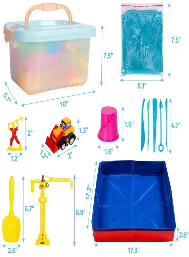 ThinkMax Sand Kit for Kids - 3lbs Sand, 6 Mini Construction Trucks, Toys, Signs, Castle Molds, Tools, Foldable Box and Storage Bin Tote - 43PCS Set for Boys Girls - Image 2