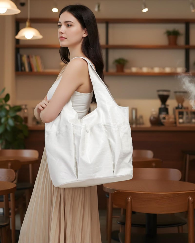 Herald Vegan Leather Large Hobo Bags for Women, Slouchy Shoulder Bag Tote Handbag Purses with Multi-Pocket (White) - Image 2
