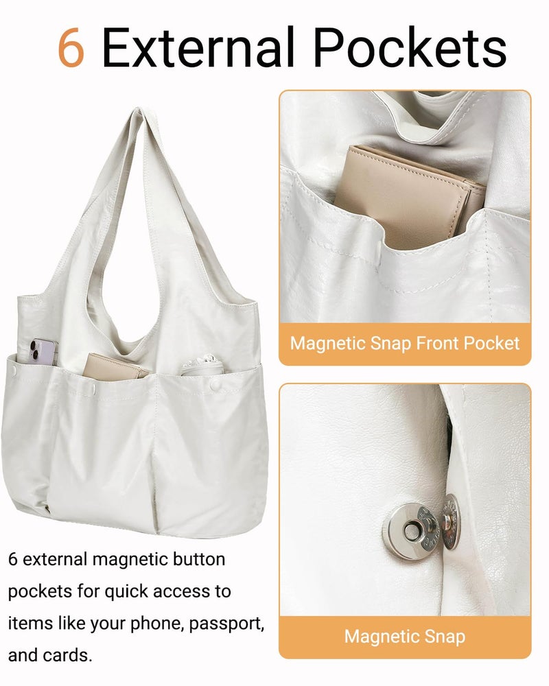 Herald Vegan Leather Large Hobo Bags for Women, Slouchy Shoulder Bag Tote Handbag Purses with Multi-Pocket (White) - Image 4