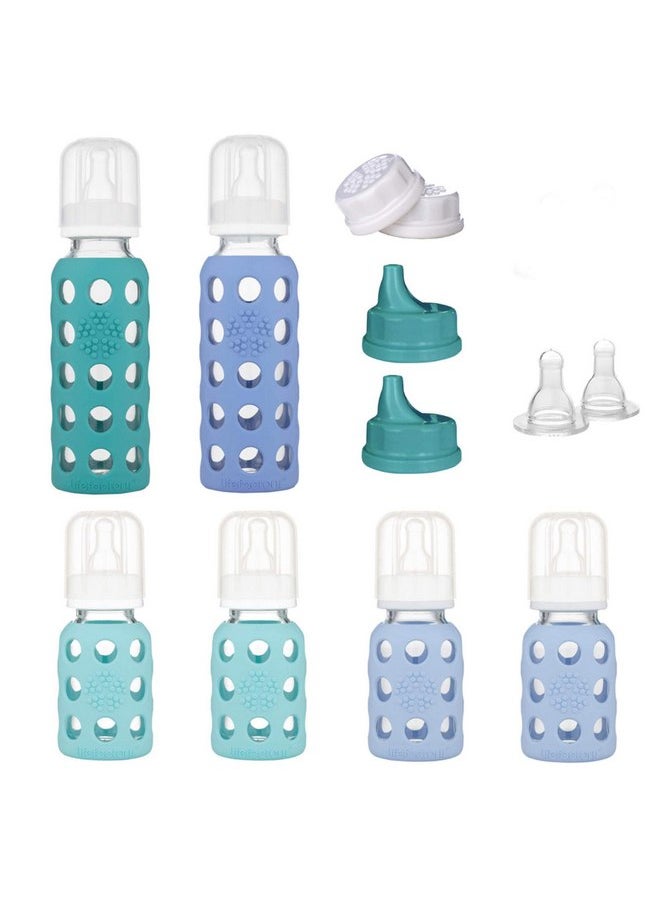 lifefactory Lifefactory 6 Bottle Starter Set (4) 4-Ounce Baby Bottle in Mint/Blanket (2) 9-Ounce Baby Bottle in Kale/Blueberry (2) Flat Caps (2) Sippy Caps (2) Stage 2 Nipples, Mint/Blanket/Kale/Blueberry/White  - Image 1