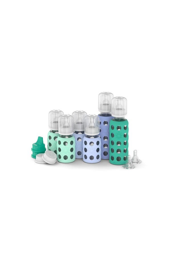 lifefactory Lifefactory 6 Bottle Starter Set (4) 4-Ounce Baby Bottle in Mint/Blanket (2) 9-Ounce Baby Bottle in Kale/Blueberry (2) Flat Caps (2) Sippy Caps (2) Stage 2 Nipples, Mint/Blanket/Kale/Blueberry/White  - Image 2
