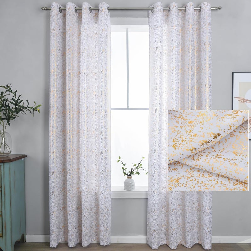 TERLYTEX Gold White Curtains 63 Inch Length, Metallic Foil Sparkle for Bedroom, Grommet Privacy Semi-Sheer Shimmer, 52 x 63 Inch - Image 2