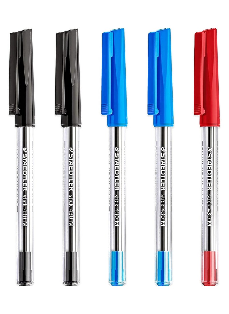 STAEDTLER STAEDTLER Medium 0.5mm 430 Stick Ballpoint Pens Writing Pen Smooth - Black, Blue & Red Ink - Pack Of 5  - Image 1