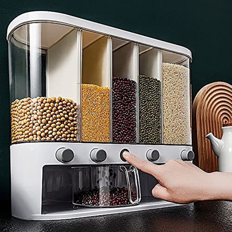 Xilei Dry Food DispenserWall mounted 5 Grid Cereal DispenserRice dispenser 25 pounds Kitchen Storage with Measuring Cup