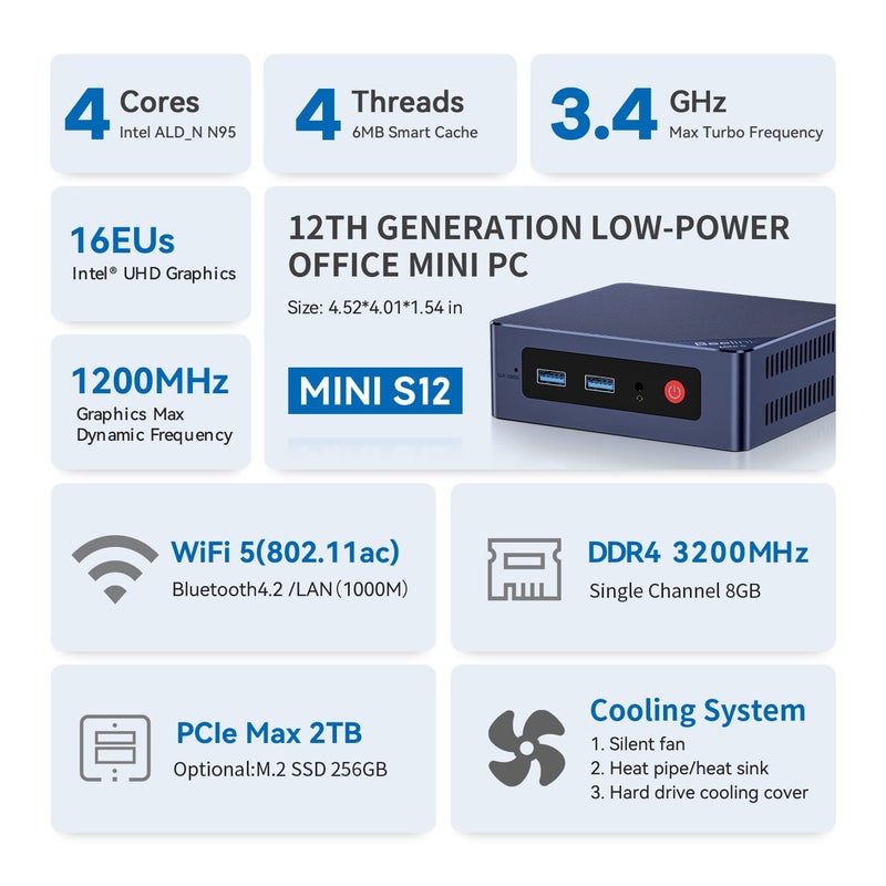 Beelink Mini PC S12, Intel 12th N95(Up to 3.4GHz) Mini Desktop Computer, 8GB DDR4 256GB M.2 SSD Micro PC Support 4K@60HZ Dual HDMI Display/WiFi 5/BT4.2/USB3.2/1000Mbps LAN/WOL for Home/Office - Image 2