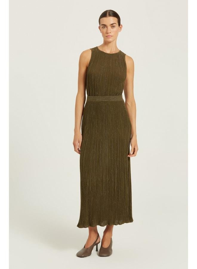 Mısırlı 1951 Olive Green Thin Pleated Sequin Long Skirt - Image 1