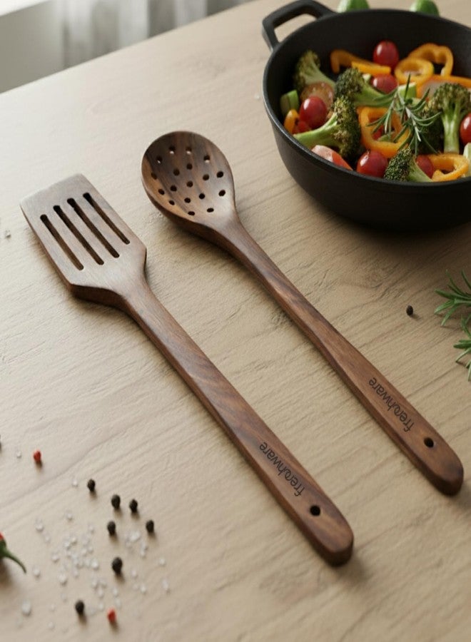 Frenchware (Set of 2, Brown) Pure Sheesham Wood Spoons and Spatula for Non Stick Cookware Used for Cooking, Baking & Mixing, Seamless Design - Image 1