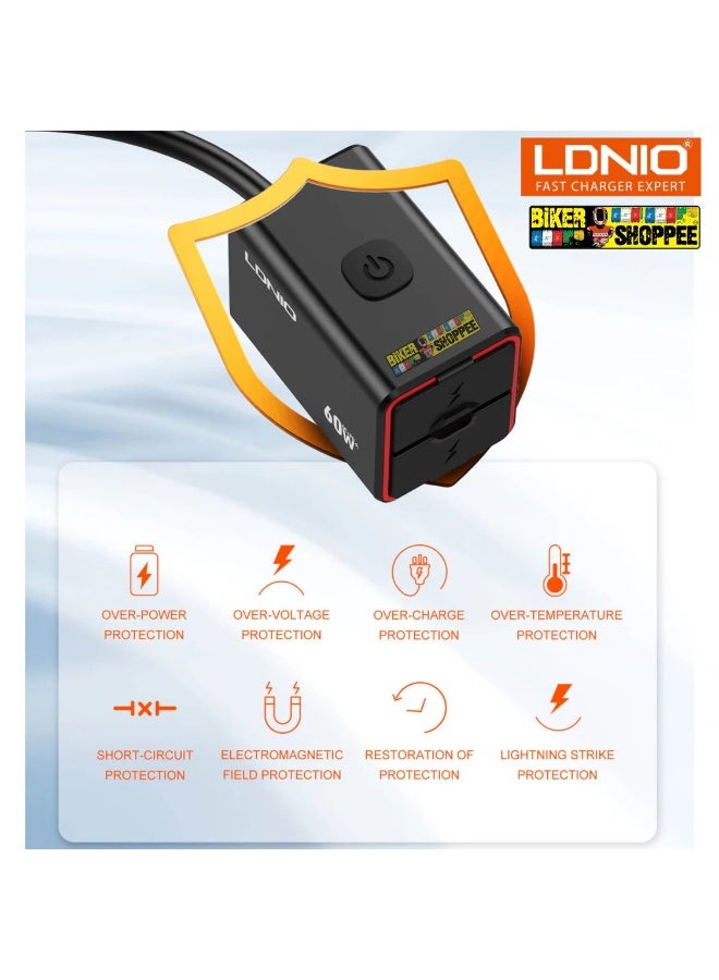 LDNIO Manufacture Motorcycle Dual USB Fast Charger – 30W USB-C PD + 30W USB-A QC, Waterproof Motorcycle Handlebar Charger, 12V–24V Battery Direct Connection, Fast Charging for Smartphones, GPS & Action Cameras - Image 3