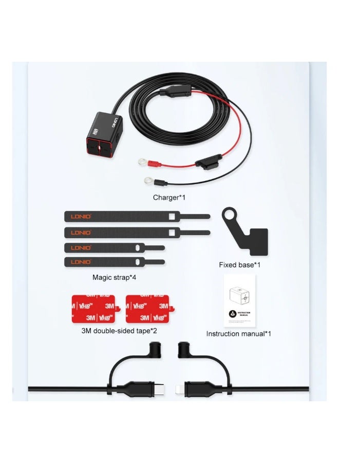 LDNIO Manufacture Motorcycle Dual USB Fast Charger – 30W USB-C PD + 30W USB-A QC, Waterproof Motorcycle Handlebar Charger, 12V–24V Battery Direct Connection, Fast Charging for Smartphones, GPS & Action Cameras - Image 4