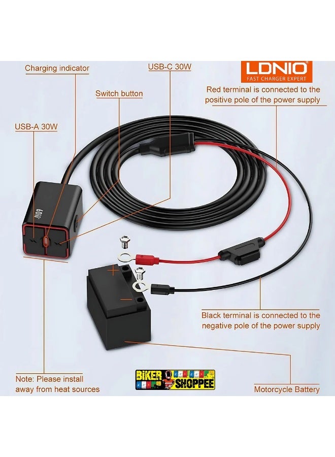 LDNIO Manufacture Motorcycle Dual USB Fast Charger – 30W USB-C PD + 30W USB-A QC, Waterproof Motorcycle Handlebar Charger, 12V–24V Battery Direct Connection, Fast Charging for Smartphones, GPS & Action Cameras - Image 2