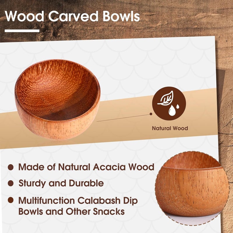 Skylety 10 Pcs Acacia Wooden Bowls Small Calabash Bowls Round Wood Salad Hand Carved Calabash Dip Tray for Serving Popcorn Pasta Candy Cereal Coconut Nuts Sauce Appetizers Kitchen (2.2 Inch) - Image 3
