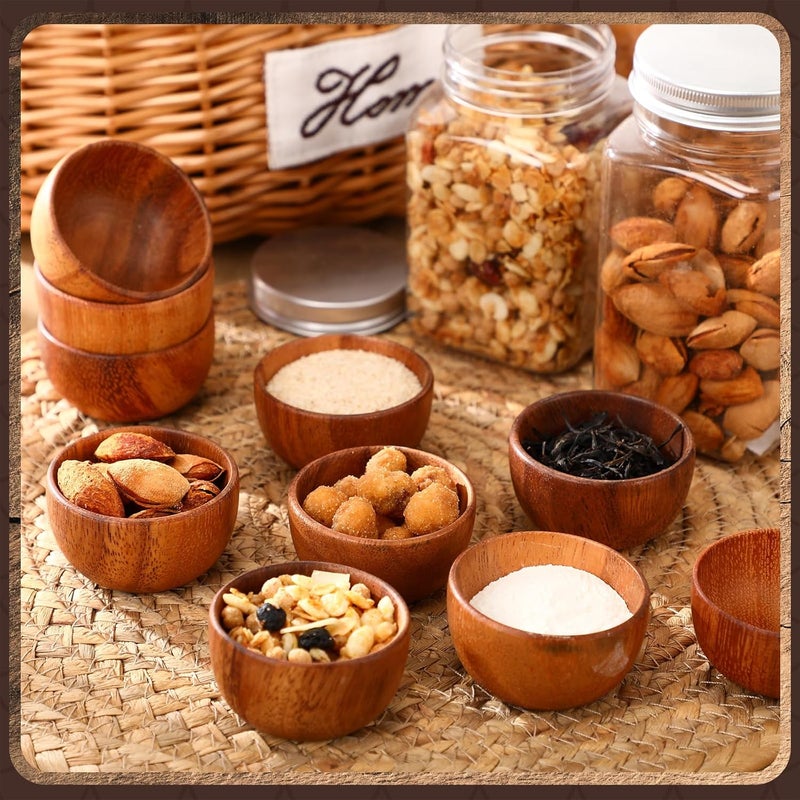 Skylety 10 Pcs Acacia Wooden Bowls Small Calabash Bowls Round Wood Salad Hand Carved Calabash Dip Tray for Serving Popcorn Pasta Candy Cereal Coconut Nuts Sauce Appetizers Kitchen (2.2 Inch) - Image 5