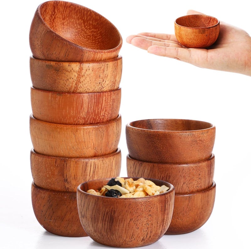 Skylety 10 Pcs Acacia Wooden Bowls Small Calabash Bowls Round Wood Salad Hand Carved Calabash Dip Tray for Serving Popcorn Pasta Candy Cereal Coconut Nuts Sauce Appetizers Kitchen (2.2 Inch) - Image 1