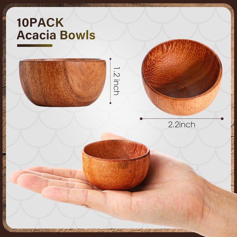 Skylety 10 Pcs Acacia Wooden Bowls Small Calabash Bowls Round Wood Salad Hand Carved Calabash Dip Tray for Serving Popcorn Pasta Candy Cereal Coconut Nuts Sauce Appetizers Kitchen (2.2 Inch) - Image 2