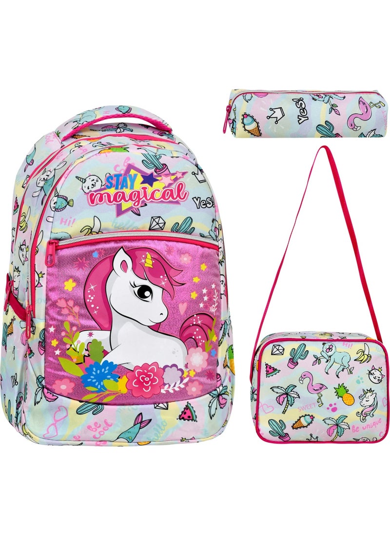 Çantaland 3-Piece School Set, Rainbow Unicorn Patterned Primary School Bag + Lunch Box + Pencil Case  - Image 1