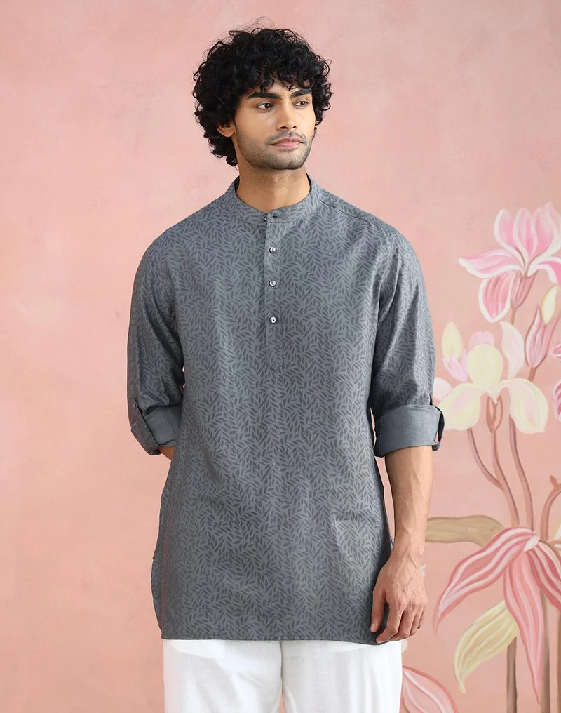 فاب انديا Grey Viscose Silk Hand Block Printed Slim Fit Short Kurta
