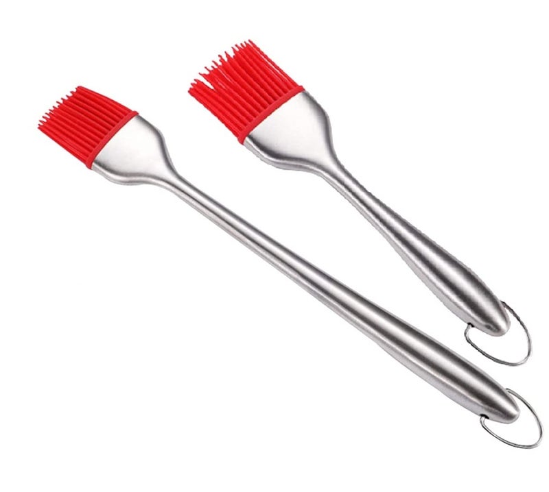 Baskety Basting Brush Stainless Steel Pastry Brush with Backup Silicone Head Flexible Kitchen Brush 12 + 9 Inch (Red, Pack of 2) - Image 1