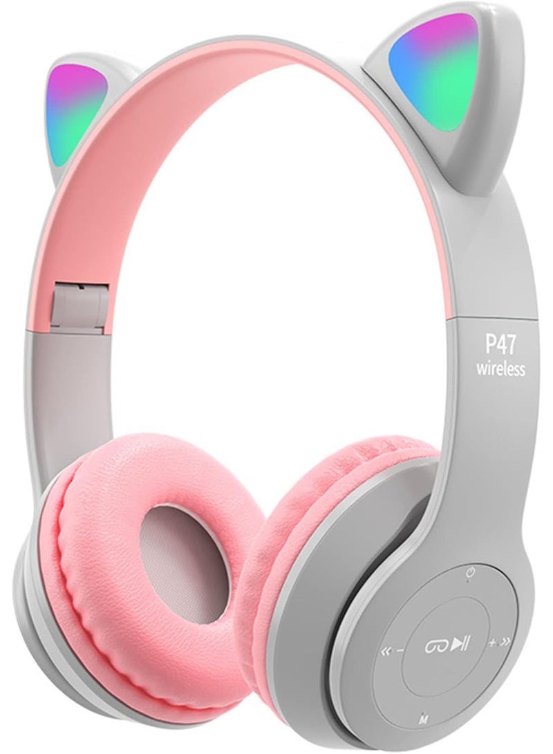ELTRAZONE Kids LED Glow Headphones with Microphone, TF Card Support, Foldable Bluetooth & Wired Stereo Headset – Gray - Image 1