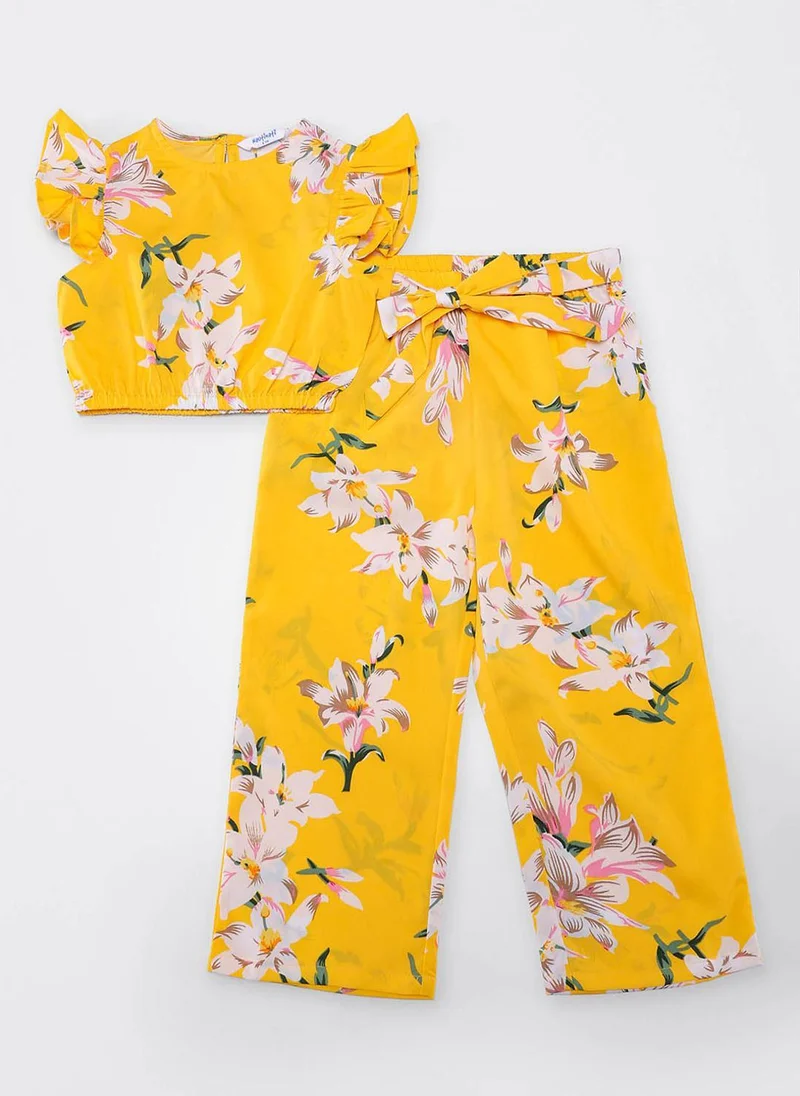 Nautinati Nautinati Girls’ Yellow Floral Print Cotton Ruffle Sleeve Clothing Set