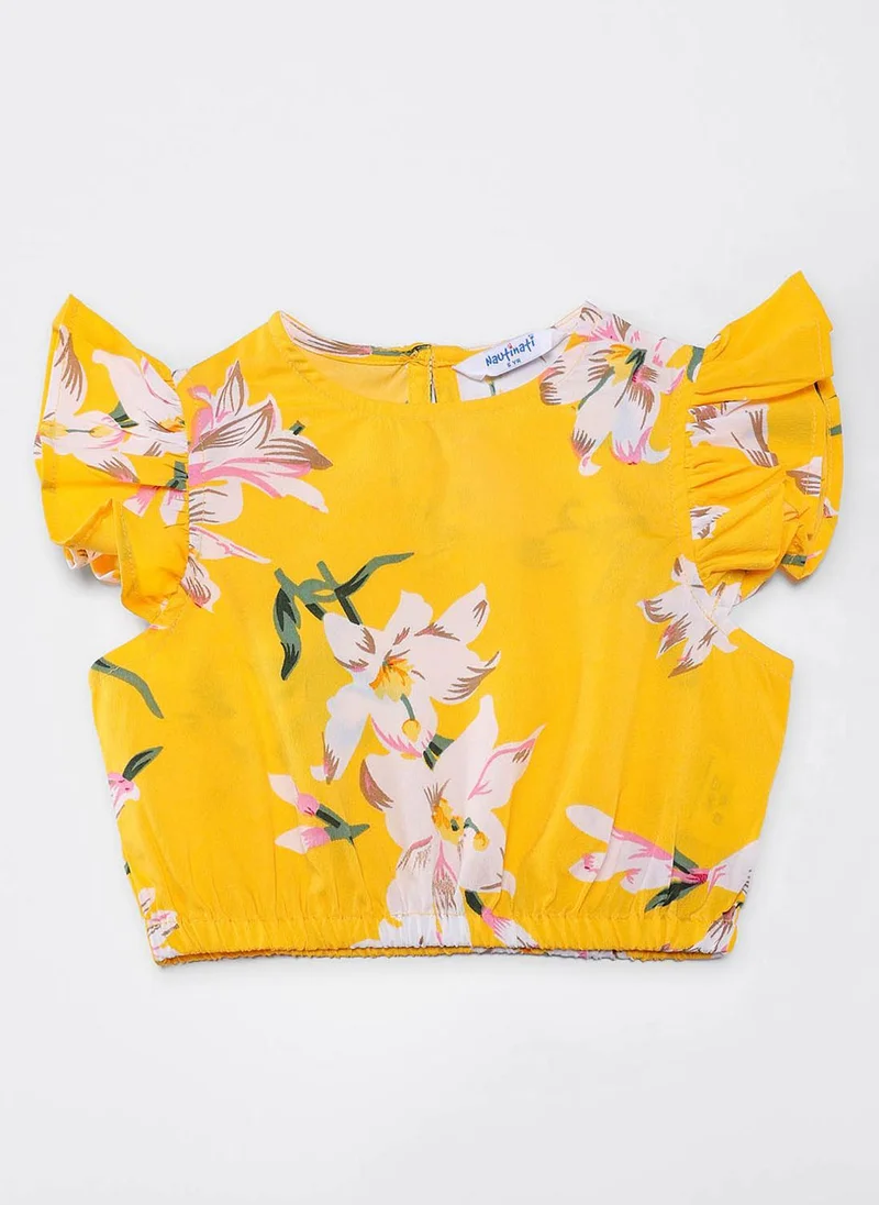 Nautinati Nautinati Girls’ Yellow Floral Print Cotton Ruffle Sleeve Clothing Set