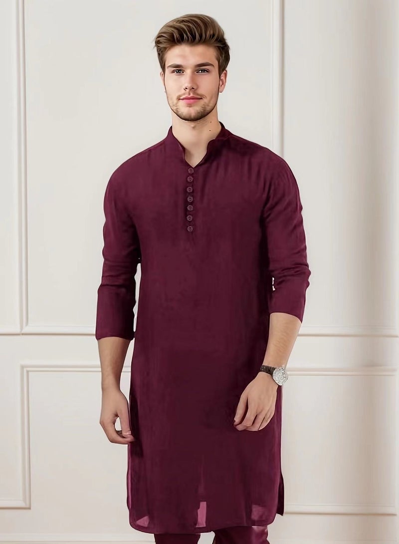 Loquat Men's Muslim Robe Thobe Solid Color Stand Collar Long Sleeve Kaftan Wine Red - Image 1