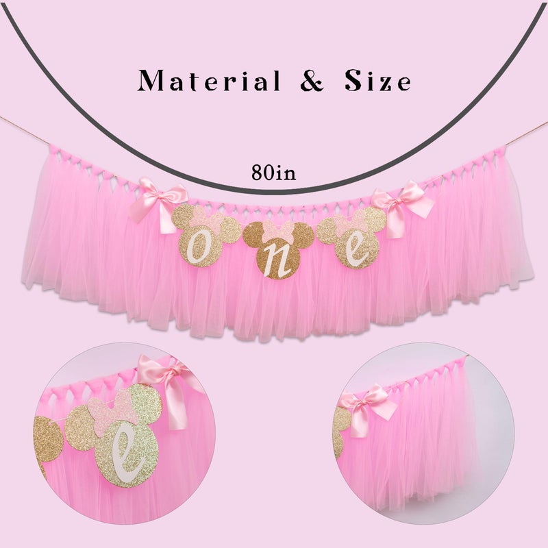 MUWEOL Mouse One High Chair Banner - Mouse Theme First Birthday Party Banner for Little Girls,Pink 1st Birthday Decoration Garland (pink mouse banner) - Image 2