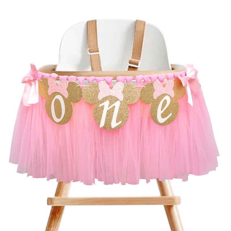 MUWEOL Mouse One High Chair Banner - Mouse Theme First Birthday Party Banner for Little Girls,Pink 1st Birthday Decoration Garland (pink mouse banner) - Image 1