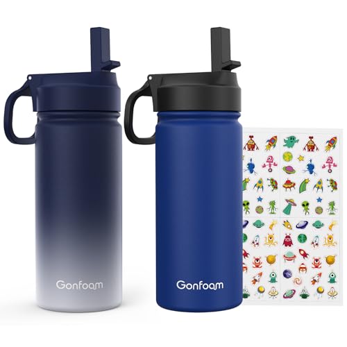 Gonfoam Kids Water Bottle, 2-Pack 16oz Kids Water Bottle with Stickers for School, insulated Stainless Steel Straw Cup(Sapphire+Gray) - Image 1