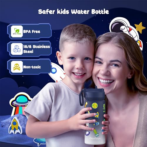 Gonfoam Kids Water Bottle, 2-Pack 16oz Kids Water Bottle with Stickers for School, insulated Stainless Steel Straw Cup(Sapphire+Gray) - Image 4