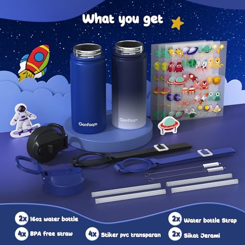 Gonfoam Kids Water Bottle, 2-Pack 16oz Kids Water Bottle with Stickers for School, insulated Stainless Steel Straw Cup(Sapphire+Gray) - Image 2