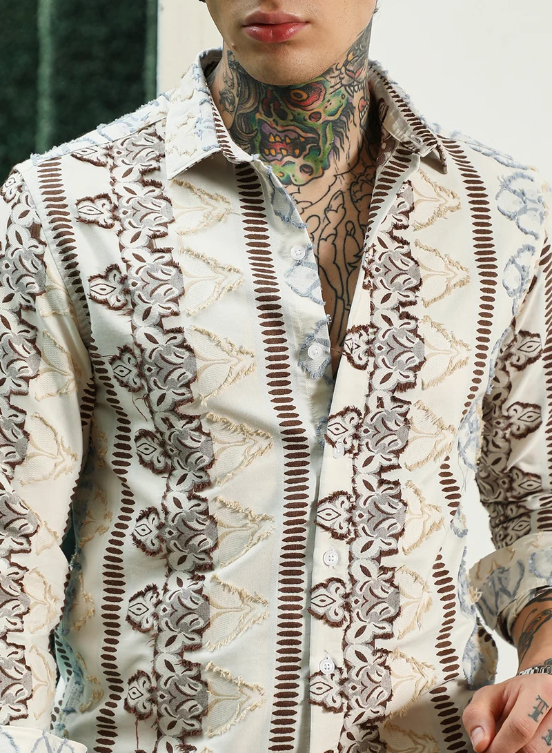 Campus Sutra Men's Off White Self Design Cotton-Poly Blend Full Sleeve Shirt