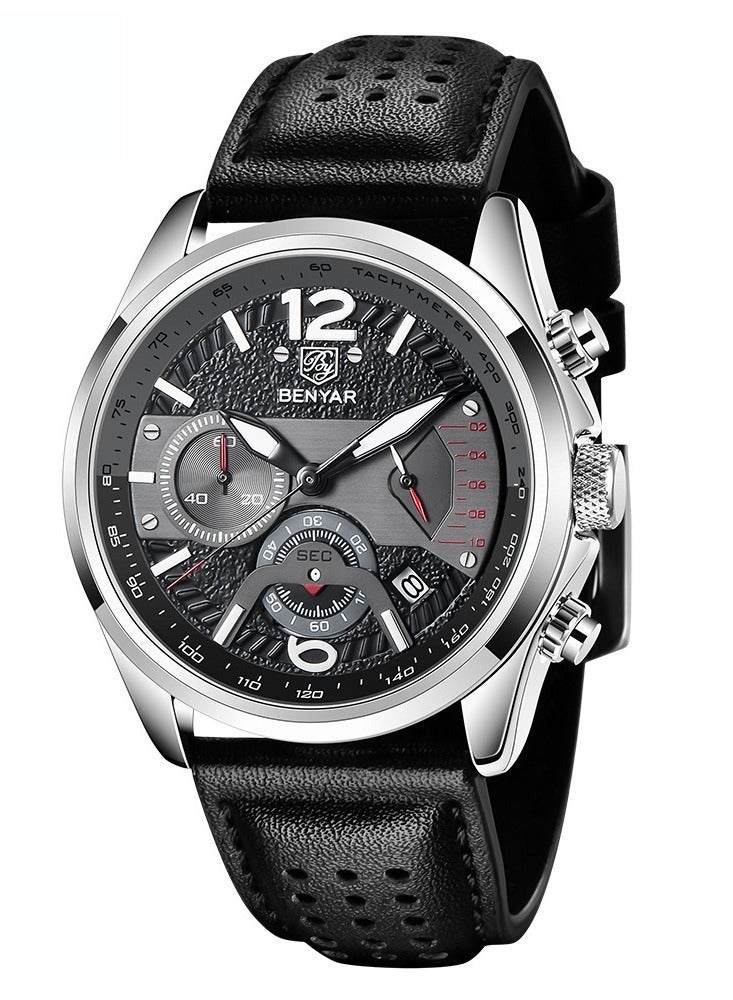BENYAR Watches for Men Luxury Quartz Water Resistant Watch Men's Chronograph Genuine Leather Strap 5171 Black - Image 1