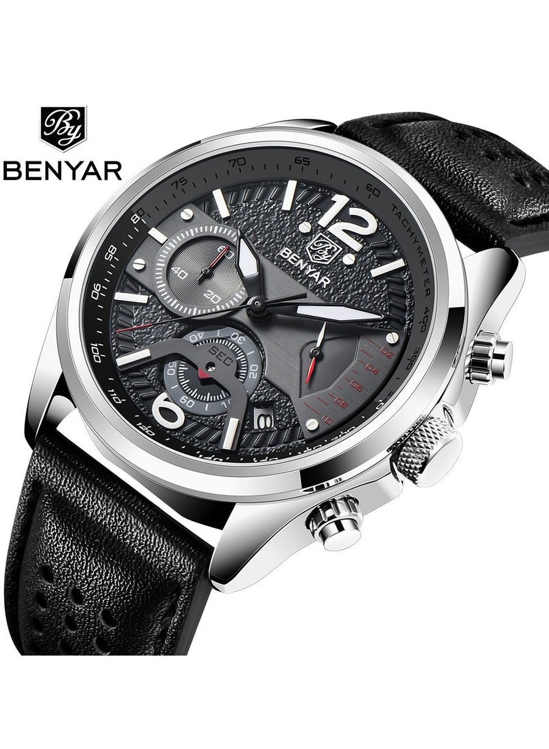 BENYAR Watches for Men Luxury Quartz Water Resistant Watch Men's Chronograph Genuine Leather Strap 5171 Black - Image 2