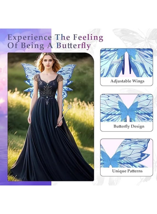 جورونب أجنحة الجنية للبالغين والفتيات، مجموعة أزياء الجنية مع إكليل الزهور، عصا وآذان الجنية، أجنحة الفراشة الزرقاء - Image 4