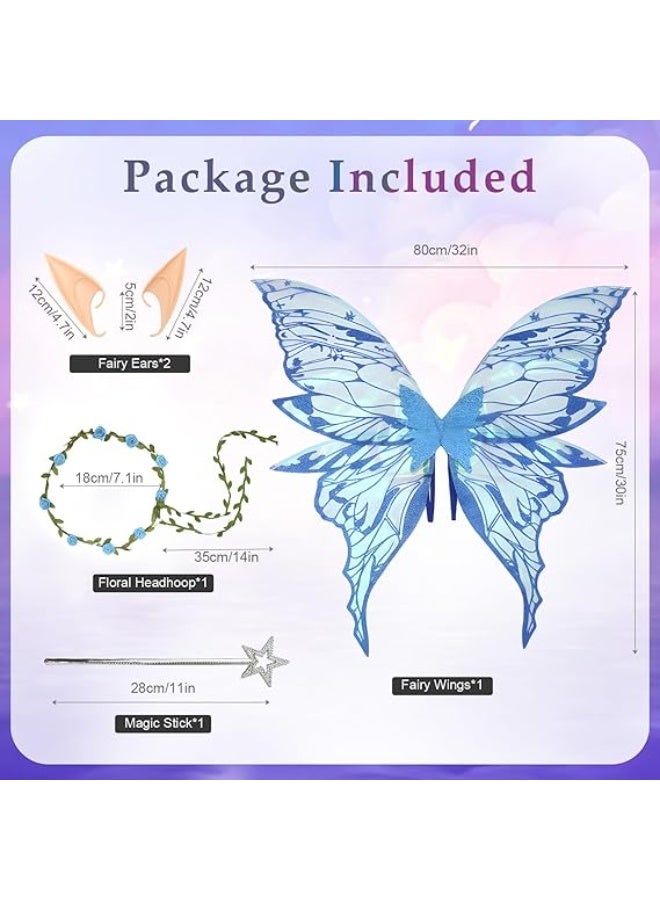جورونب أجنحة الجنية للبالغين والفتيات، مجموعة أزياء الجنية مع إكليل الزهور، عصا وآذان الجنية، أجنحة الفراشة الزرقاء - Image 2
