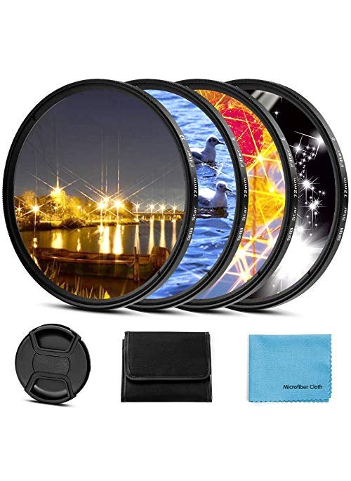 Sedremm 58mm Star Filter 4 Pieces Starburst Lens Filter(4 Points,6 Points,8 Points,12 Points) with Centre Pinch Lens Cap for Canon Nikon Sony Olympus Pentax and Other DSLR Cameras + 4 Slot Filter Pouch  - Image 1