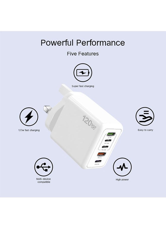 Generic - 5 Ports Multifunctional Super Fast Charging Adapter, 120W Fast Charger Wall Plug, 2 USB and 3 PD Mobile Phone Charger Travel Power Adapter for iPhone, Samsung, Xiaomi, Airpods, White - Image 1