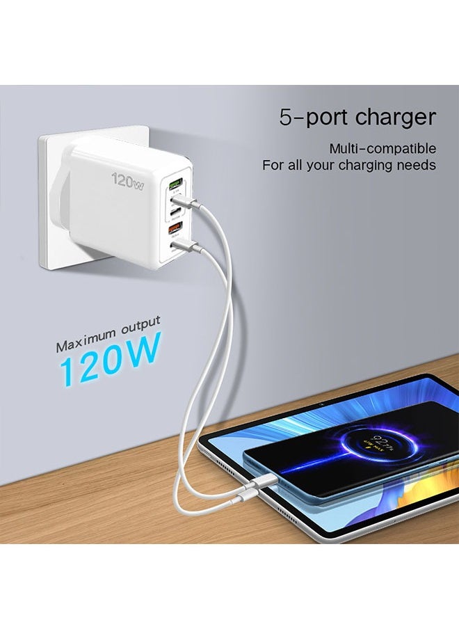 Generic - 5 Ports Multifunctional Super Fast Charging Adapter, 120W Fast Charger Wall Plug, 2 USB and 3 PD Mobile Phone Charger Travel Power Adapter for iPhone, Samsung, Xiaomi, Airpods, White - Image 1