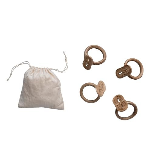Creative CoOp Boho Woven Bamboo Linen Drawstring Bag Set of 4 Napkin Ring Natural