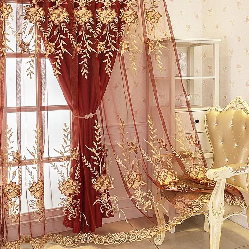 Amidoudou 1 Pair European Double Layer Curtains for Living Room Red Embroidered Curtains for Bedroom (Red,51x96 Inch) - Image 3
