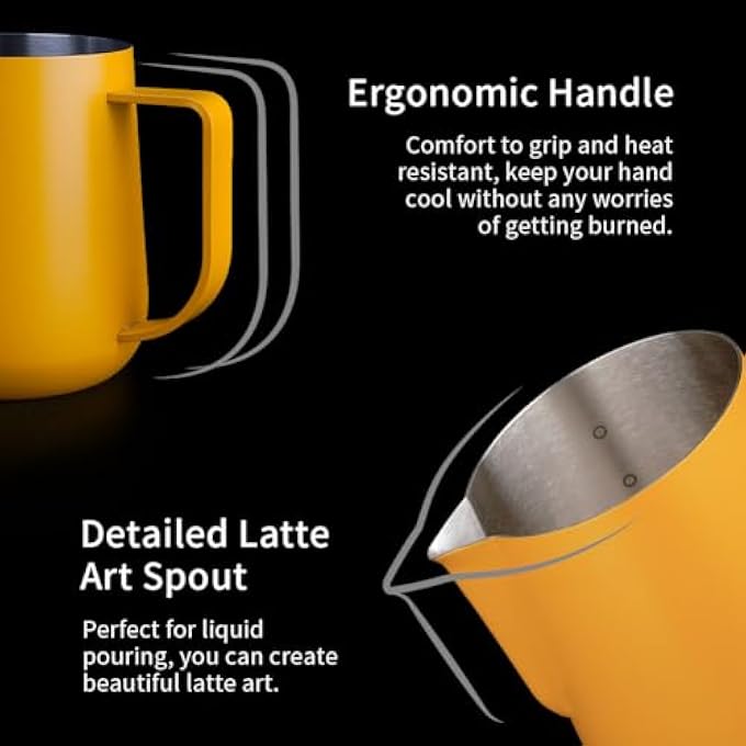WATCHGET Milk Frothing Pitcher 500Ml17Oz Espresso Steaming Pitcher With Matte Yellow Coating Stainless Steel Milk Steamer Jug Milk Frothing Cup Yellow - Image 4